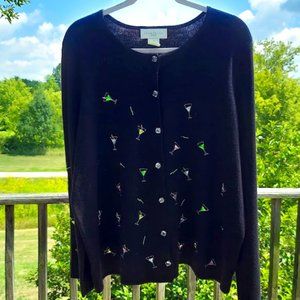 Susan Bristol Beaded Martini Glass Ice Cube Buttons Black Sweater - Plus Size 3W